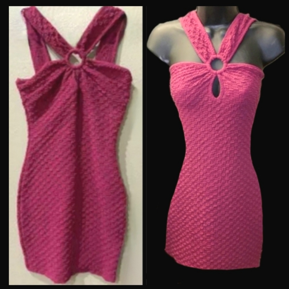 Rolla Coster magenta waffle weave crisscross keyhole bodycon mini dress L NWT